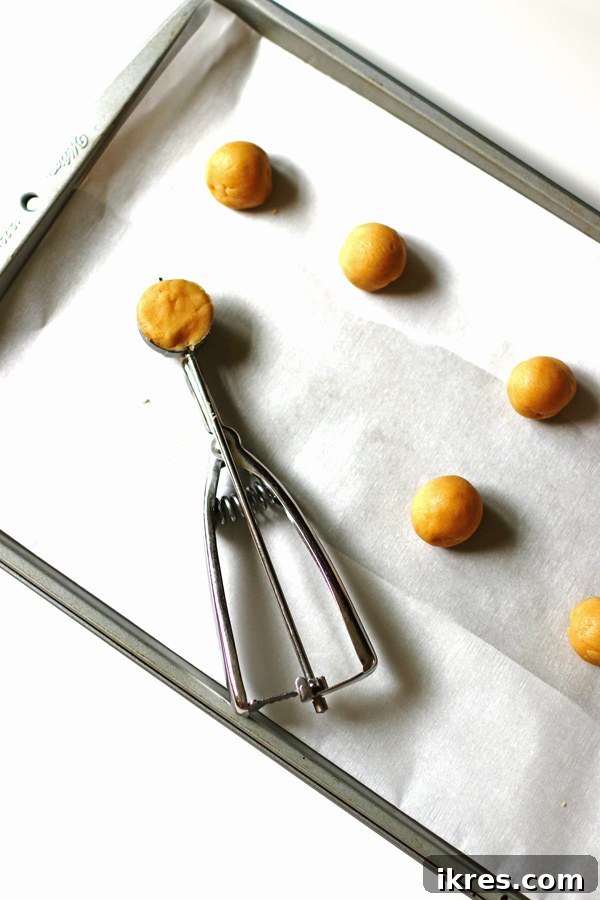 Neatly arranged peanut butter dough balls on a baking sheet, lined with parchment paper, ready for baking.