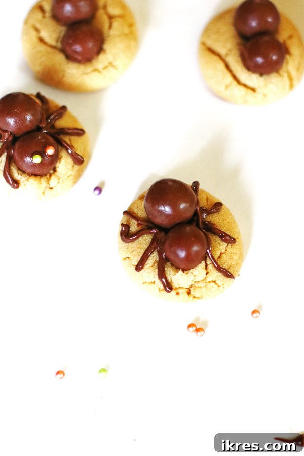 A close-up of a hand piping delicate chocolate spider legs onto a peanut butter cookie using a decorating bag.