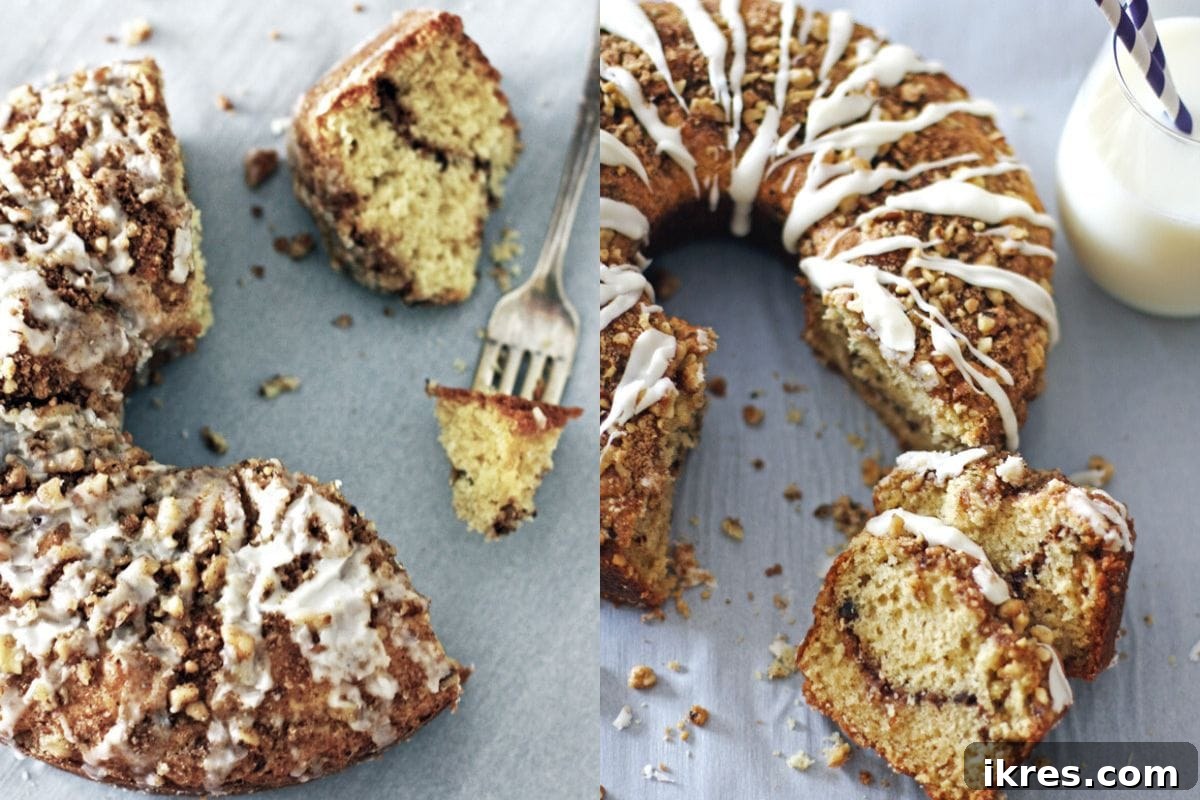Moist Cinnamon Streusel Coffee Cake with a sweet glaze and rich crumbly topping, an ideal and aromatic Mother's Day breakfast treat.