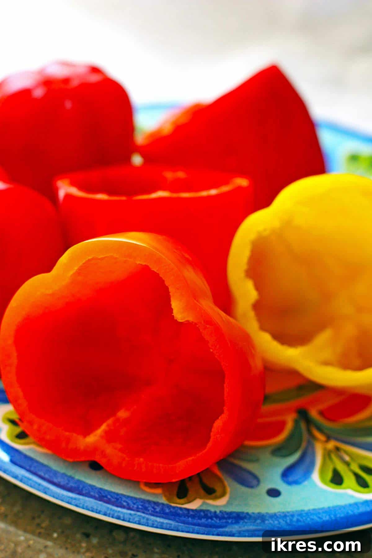 Comforting Crockpot Stuffed Peppers 3 Prepped sweet bell peppers with tops removed and seeds cleaned out, ready for stuffing.