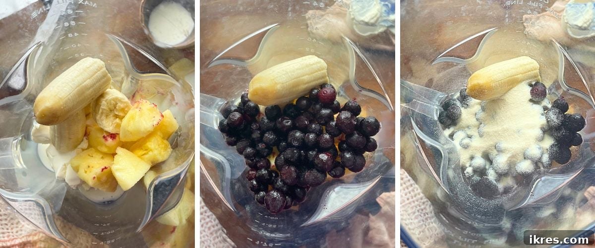 Vibrant Blueberry Pineapple Blast 4 A visual collage illustrating the initial steps of making a blueberry pineapple smoothie: adding milk, yogurt, and frozen fruits to a blender before blending.