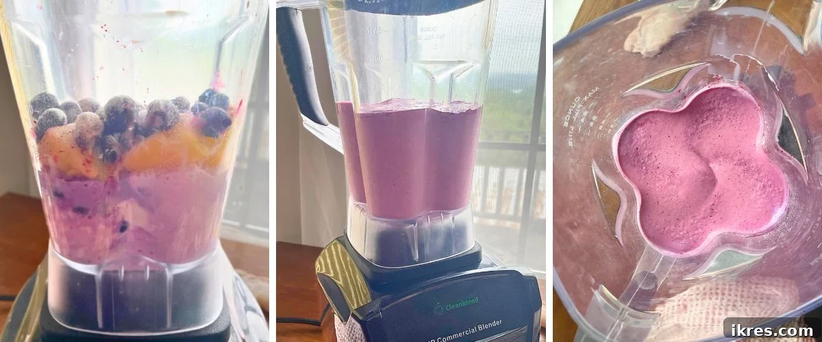 Vibrant Blueberry Pineapple Blast 5 A dynamic collage showing the blending process of a blueberry pineapple smoothie, from raw ingredients to a smooth, vibrant mixture in a blender.