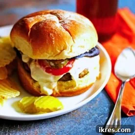 Blue Cheese Burger on a roll with tomaot and pickles and extra blue cheese dressing on a white plate.