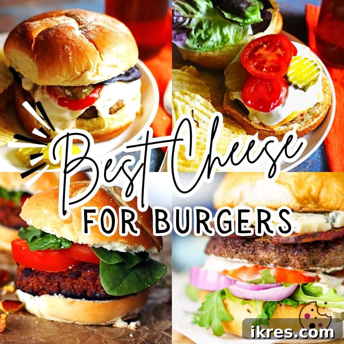 A collage of images showing the best cheese for cheese burgers, showcasing four burgers with dripping cheese.
