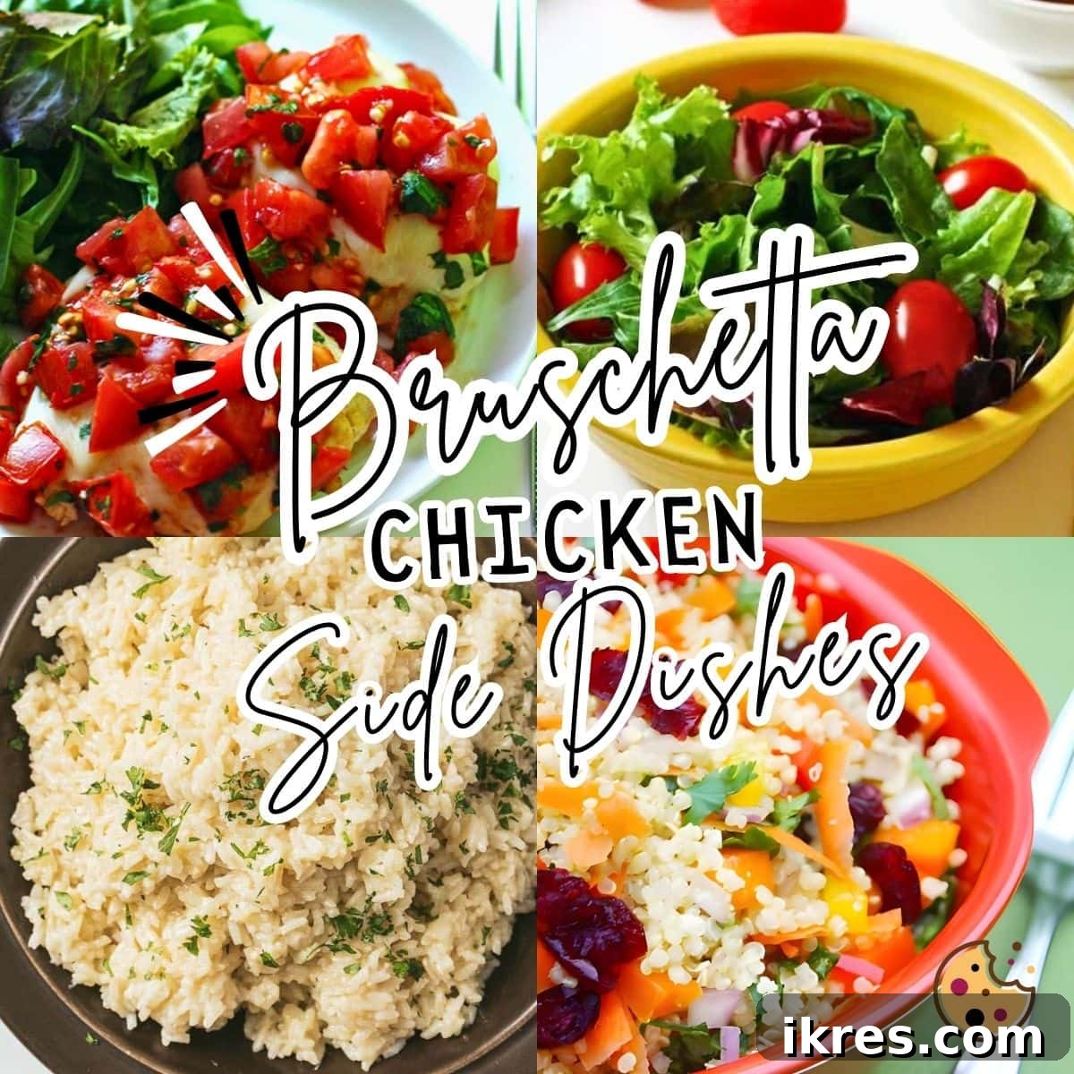 Perfect Accompaniments for Grilled Bruschetta Chicken 2 A collage of images showing what to serve with bruschetta chicken - quinoa salad, a side salad, and garlic butter rice.