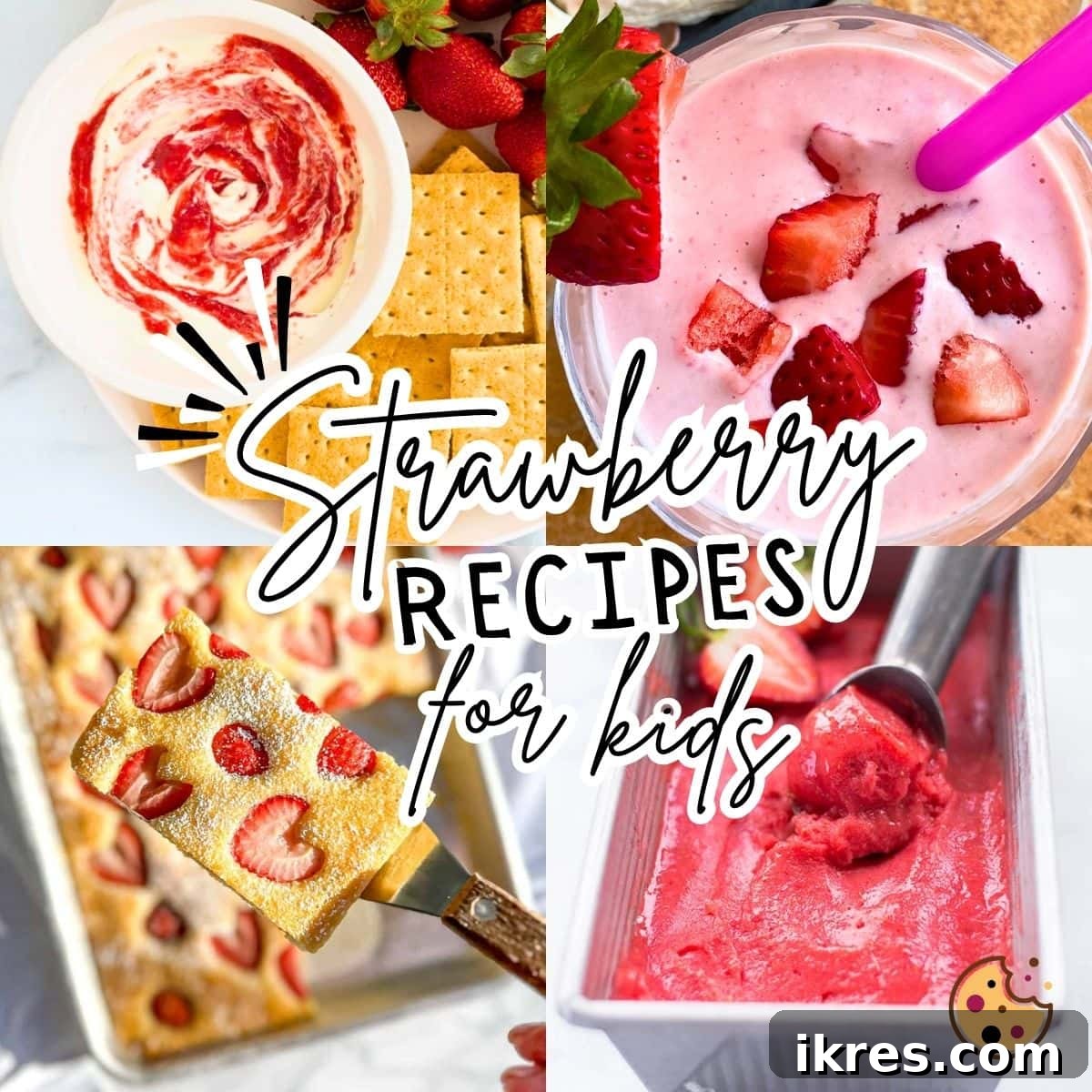 A collage of images showing strawberry recipes for kids - strawberry pancakes, a strawberry cheesecake smoothie, strawberry sorbet, and strawberry creamchees dip.