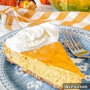 Gingersnap Crusted Pumpkin Cheesecake 13 A slice of Pumpkin Cheesecake with Gingersnap Graham Cracker Crust on a plate.