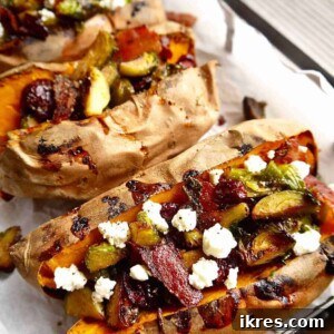 Primal Stuffed Sweet Potatoes with Maple Bacon Brussels Sprouts & Cranberries | Perchance to Cook