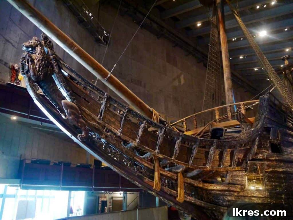 Stockholm: Sweden's Midnight Sun Capital 15 The majestic bow of the Vasa ship inside the museum, revealing intricate carvings and historical detail.