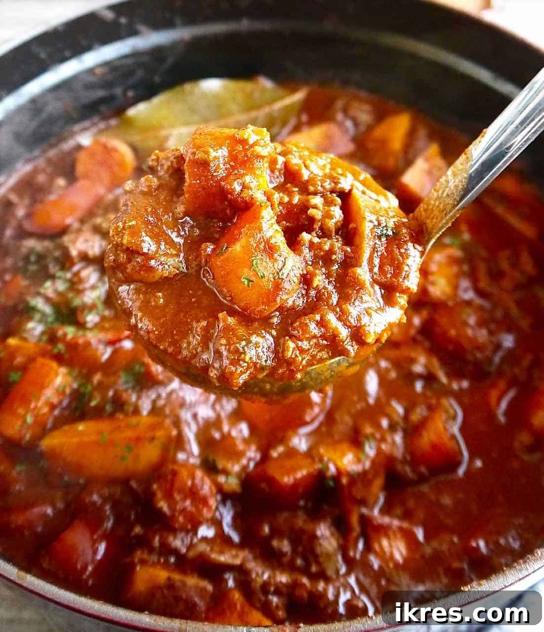 Coffee spiced chili recipe in a ladle, showing its rich texture and vibrant colors.