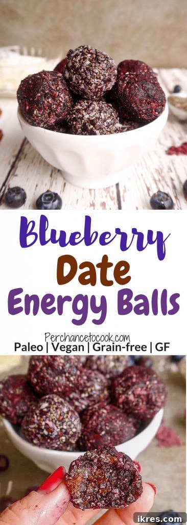 Blueberry Date Energy Bites Paleo Vegan 6 A stack of homemade Blueberry Date Energy Balls, ready for snacking.