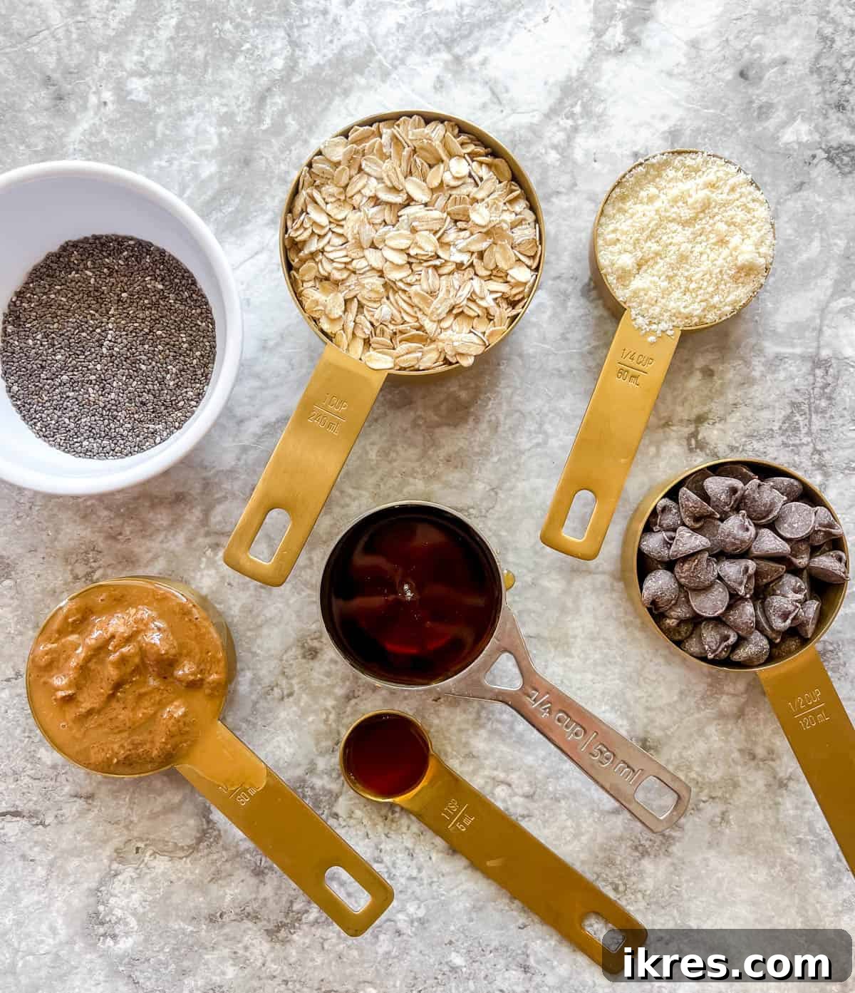Chocolate Chip Chia Oatmeal Power Bites 3 Ingredients needed to make chocolate chip oatmeal balls.