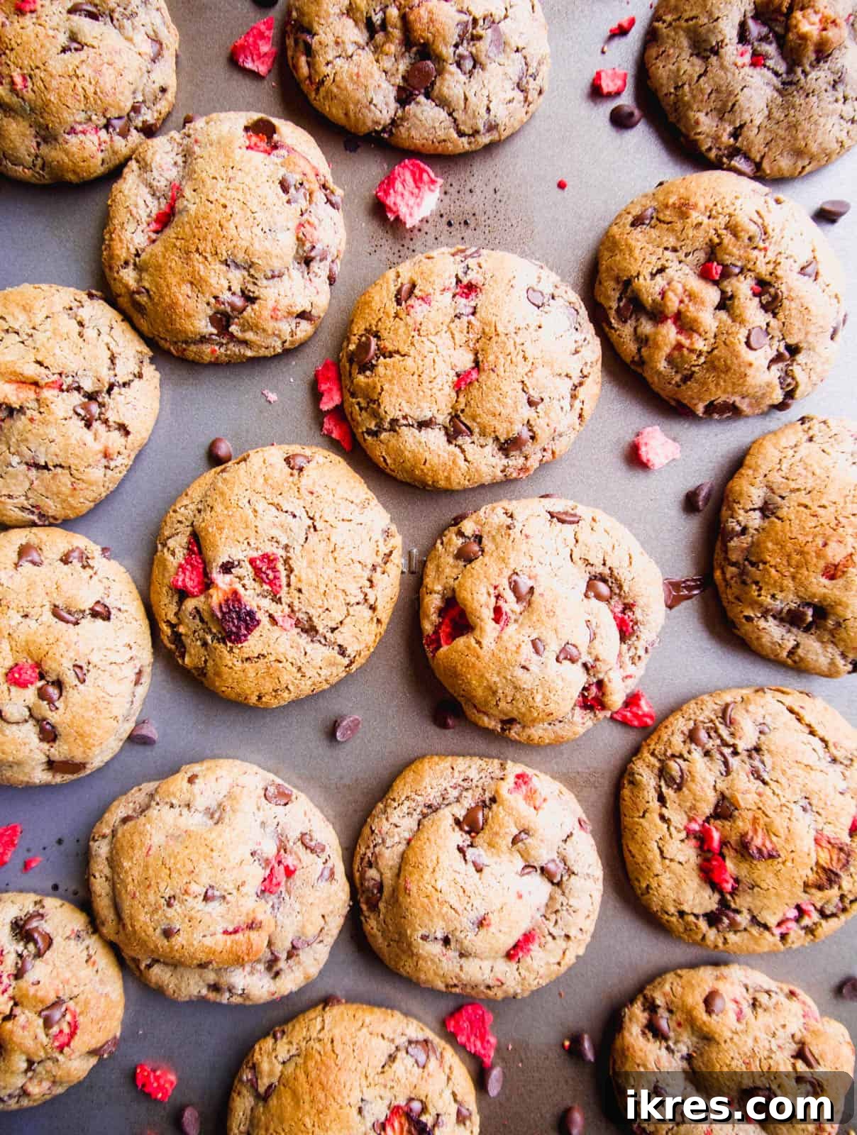 Strawberry Chocolate Chip Paleo Delights 3 Freshly baked Paleo Strawberry Chocolate Chip Cookies cooling on a baking sheet, showcasing their golden edges and vibrant colors.