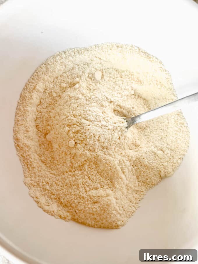 Strawberry Chocolate Chip Paleo Delights 7 Dry ingredients (flours, baking soda, salt, strawberry powder) mixed together in a separate bowl.