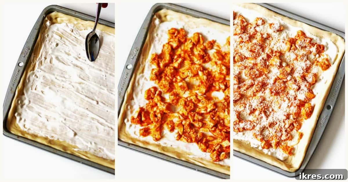 Ultimate Homemade Buffalo Chicken Pizza 3 A collage of images showing how to prepare buffalo chicken pizza at home.