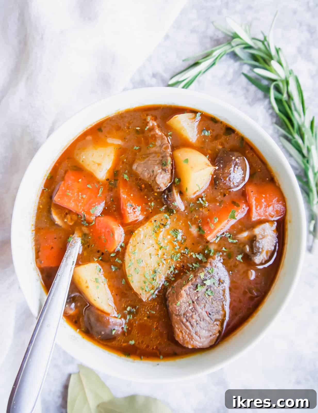 Hearty Slow Cooker Paleo Irish Beef Stew Gluten Free Whole30 2 Paleo beef stew in a bowl with a spoon in the bowl.