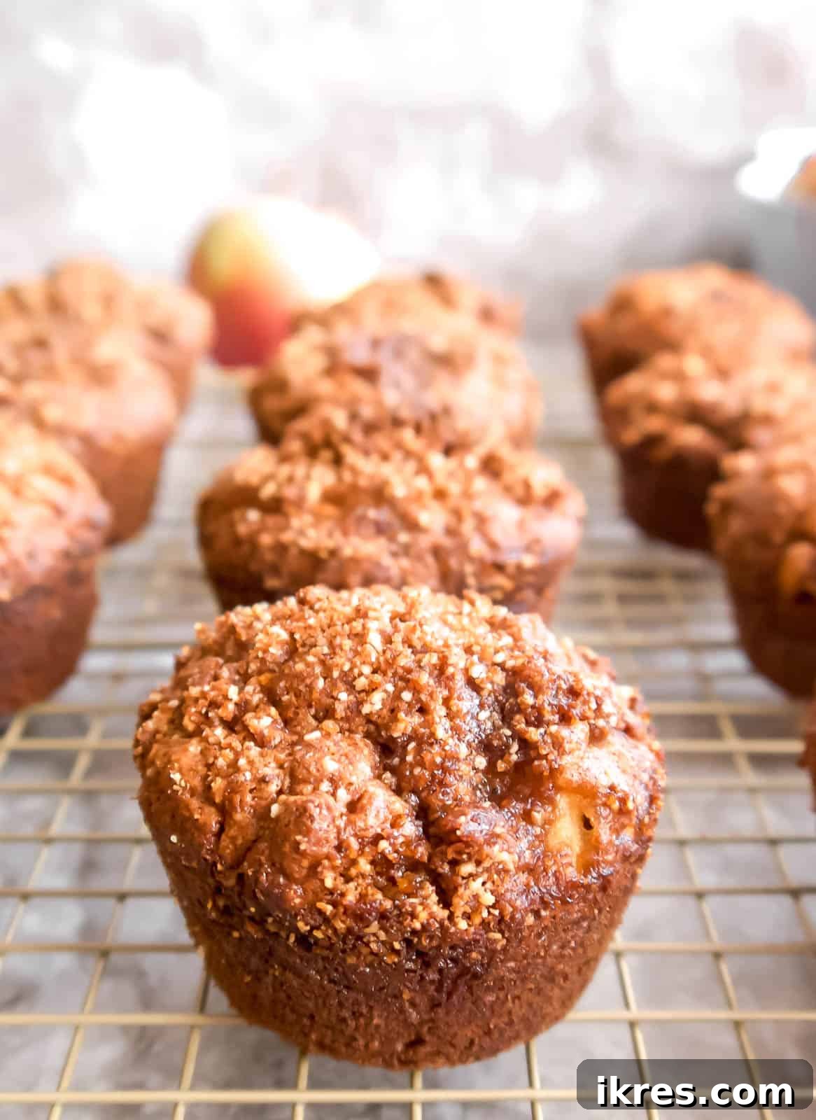 Nourishing Paleo Apple Muffins 5 Several healthy apple muffins cooling on a wire rack after baking.