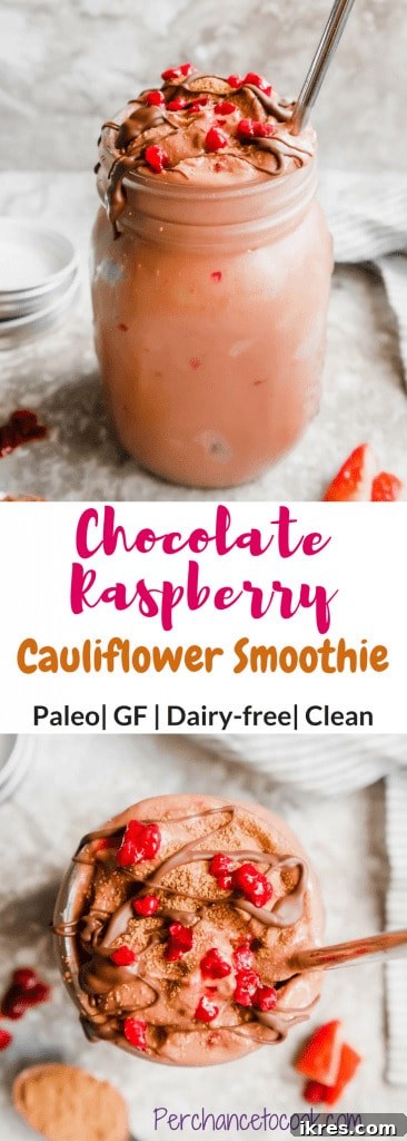 Guilt-Free Chocolate Raspberry Dream Smoothie 6 A close-up of the delicious Chocolate Raspberry Cauliflower Smoothie, emphasizing its creamy texture and rich color. A healthy, Paleo, and Gluten-Free treat.