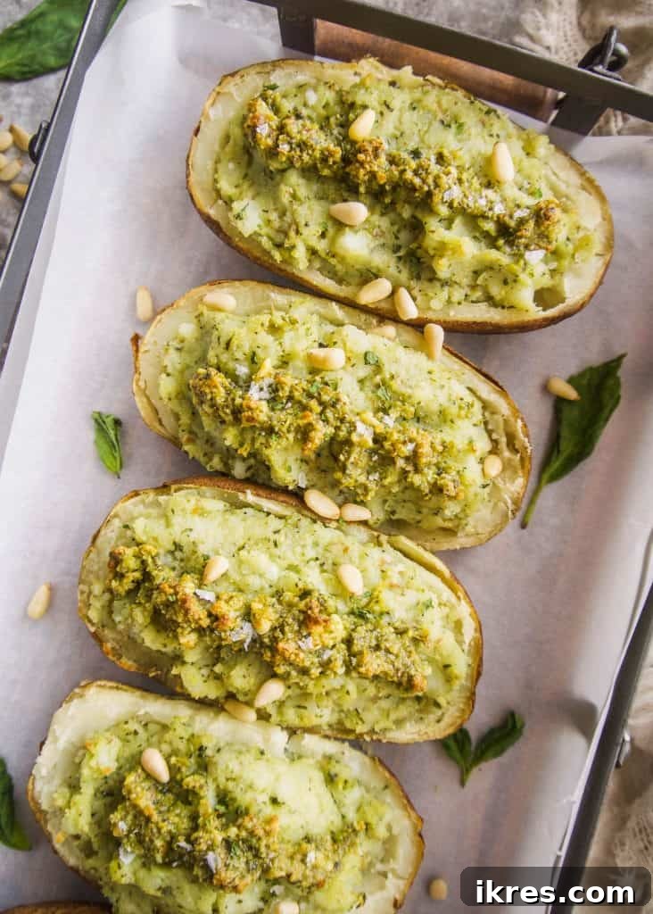 Paleo Whole30 Pesto Twice-Baked Potato Boats 6 Paleo Whole30 Twice Baked Pesto Potatoes - Ready to serve and enjoy.