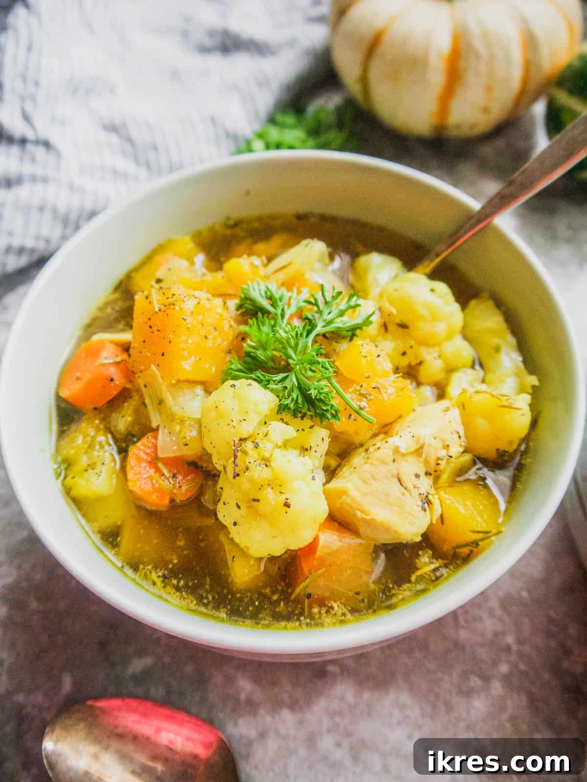 Golden Butternut Chicken Comfort Soup 3 A close-up of nourishing carrot potato chicken soup in a bowl, garnished with fresh parsley.