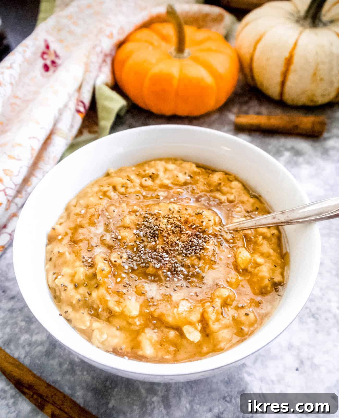Radiant Pumpkin Collagen Oats 2 Creamy pumpkin oatmeal with collagen, chia seeds, and a sprinkle of cinnamon on top, served in a rustic bowl.