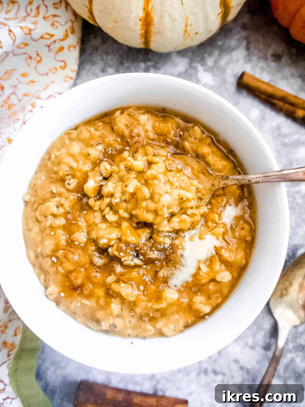 Radiant Pumpkin Collagen Oats 4 Pumpkin oatmeal recipe made with collagen and almond milk, garnished with chia seeds and cinnamon.