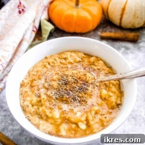 Pumpkin oatmeal with collagen, chia seeds and cinnamon on top.