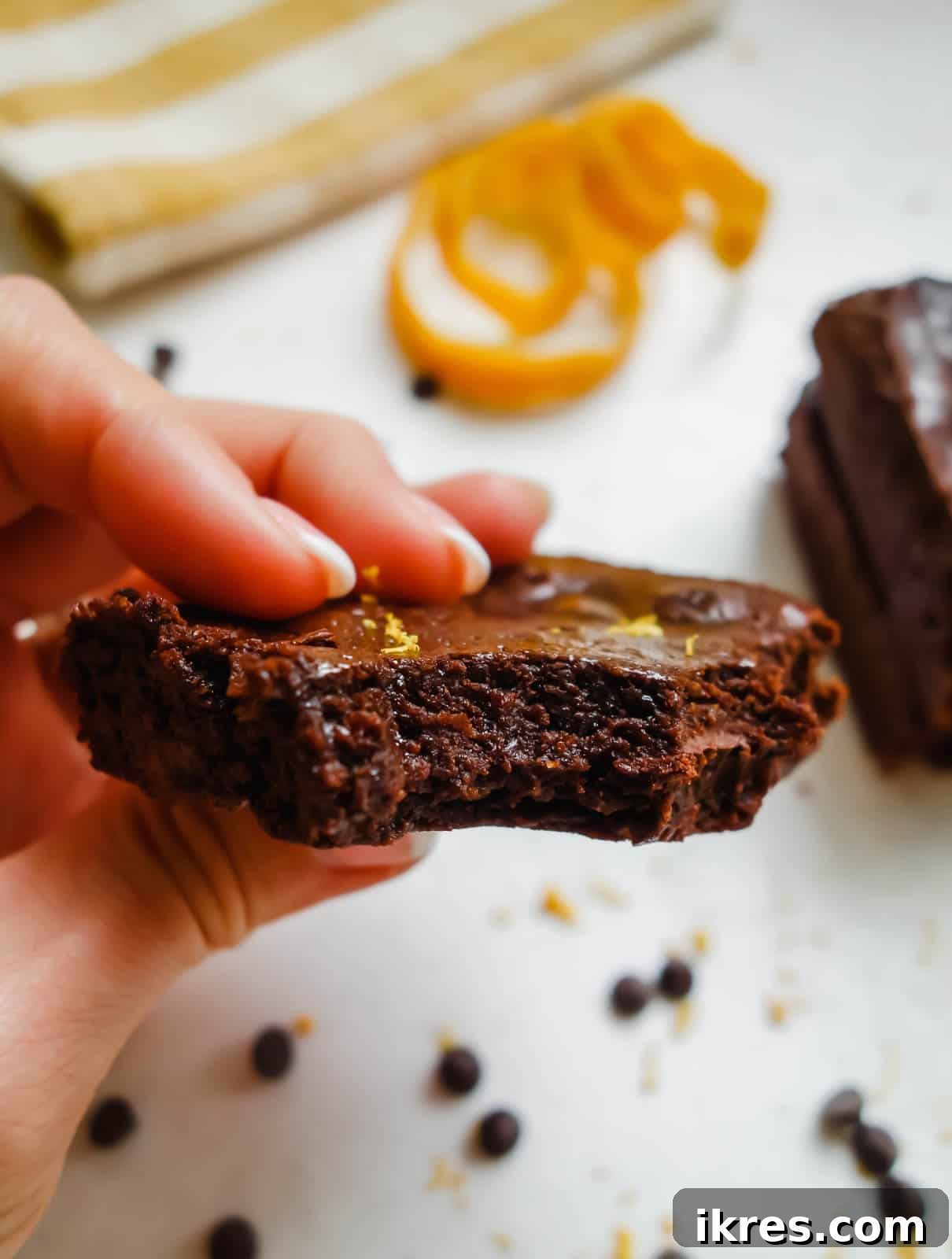 An aerial shot of perfectly sliced chocolate orange brownies, showcasing their even texture and rich color, ready to be enjoyed.