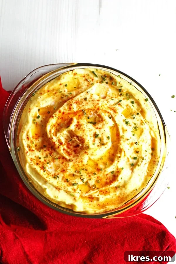 Golden Mashed Potato Bake 6 Baked Mashed Potatoes in a clear baking dish