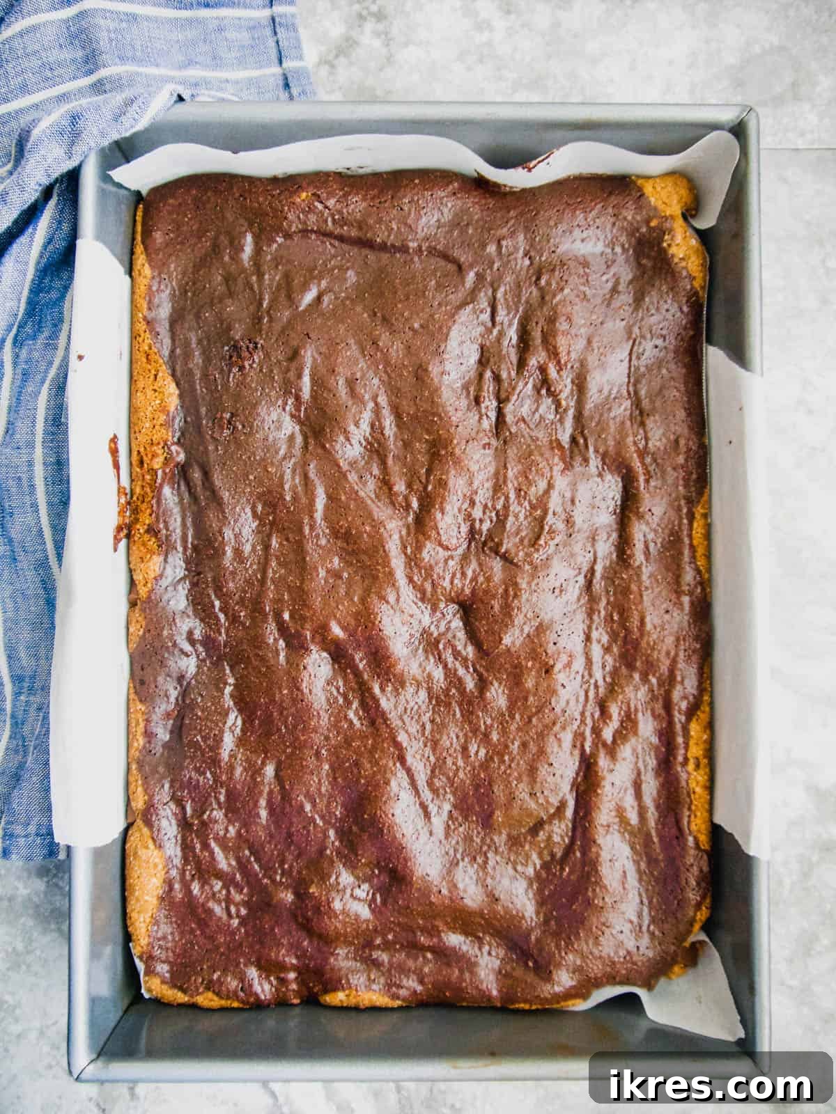 The baked Paleo brownie cookie bars, golden and fudgy, just out of the oven.