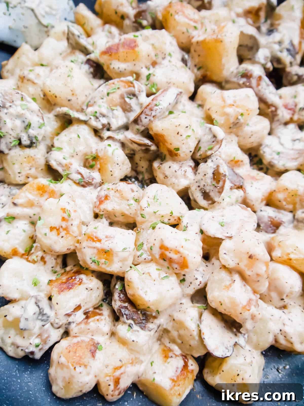 Pillowy Cauliflower Gnocchi with Velvety Mushroom Cream 7 Trader Joe's cauliflower gnocchi recipe with coconut cream mushroom sauce served in a pan, ready for enjoyment.