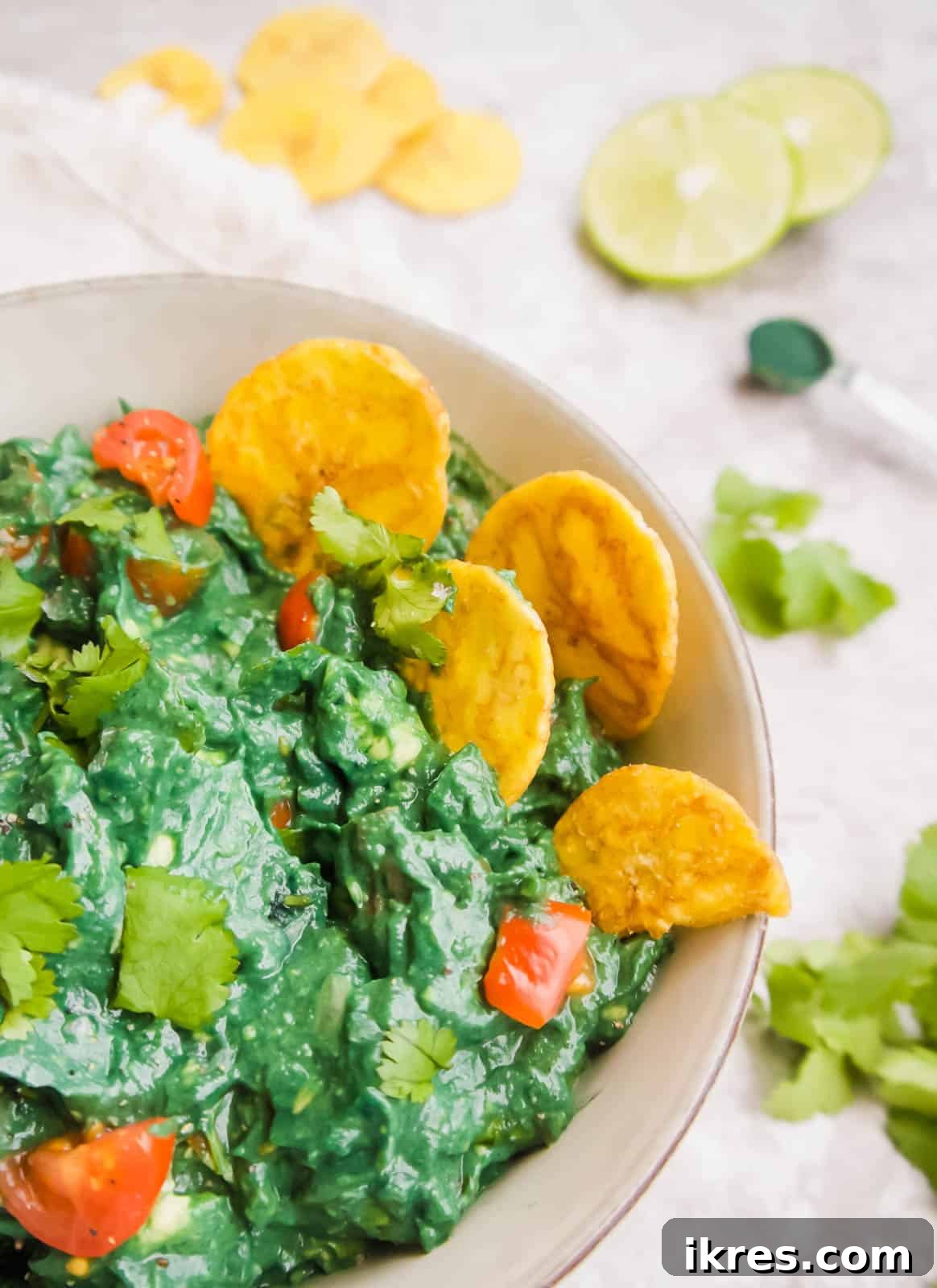 Superfood Spirulina Guacamole 5 Spirulina Guacamole served with crispy plantain chips, ready for a healthy snack.
