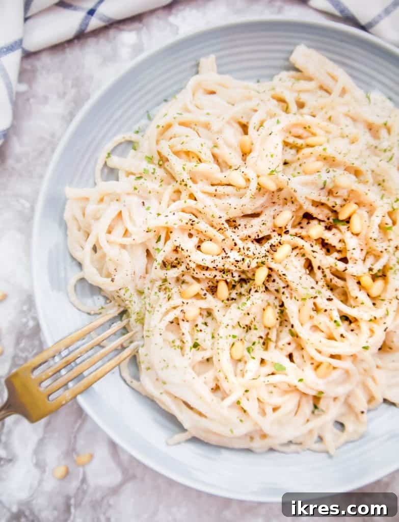 Silky Dairy Free Cauliflower Pine Nut Sauce Paleo Whole30 4 Pine nuts bringing buttery texture to dairy-free sauces
