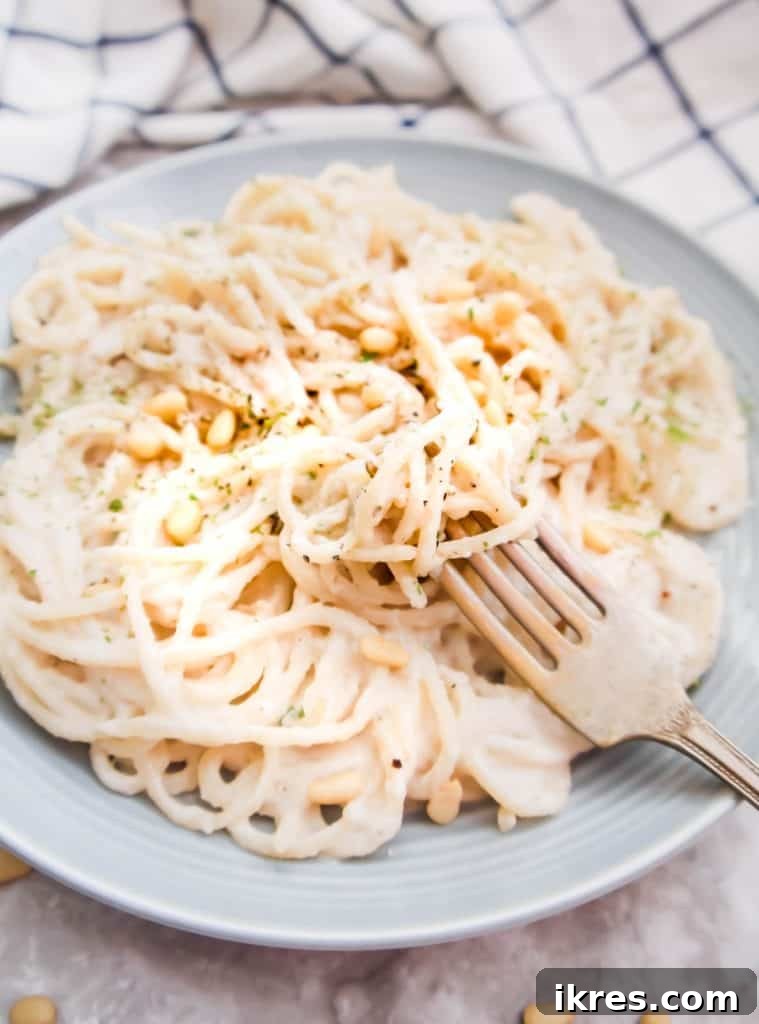Dairy-Free Cauliflower Pine Nut Sauce drizzled generously over quinoa pasta.