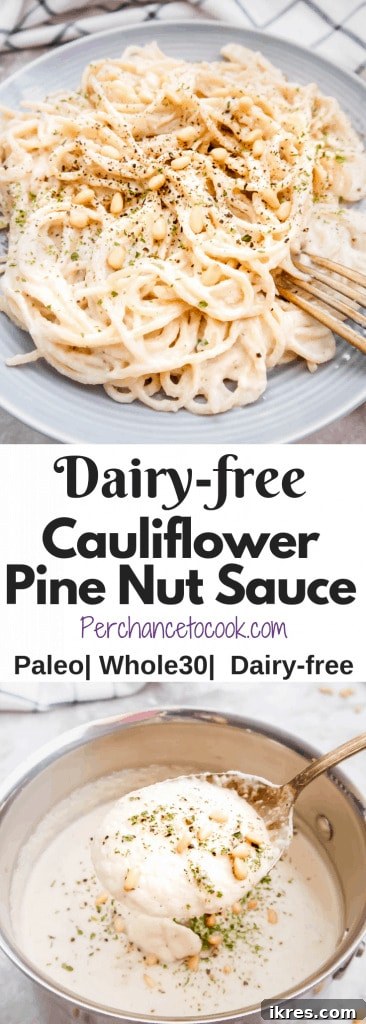 A serving of Dairy-Free Cauliflower Pine Nut Sauce with fresh herbs as garnish.