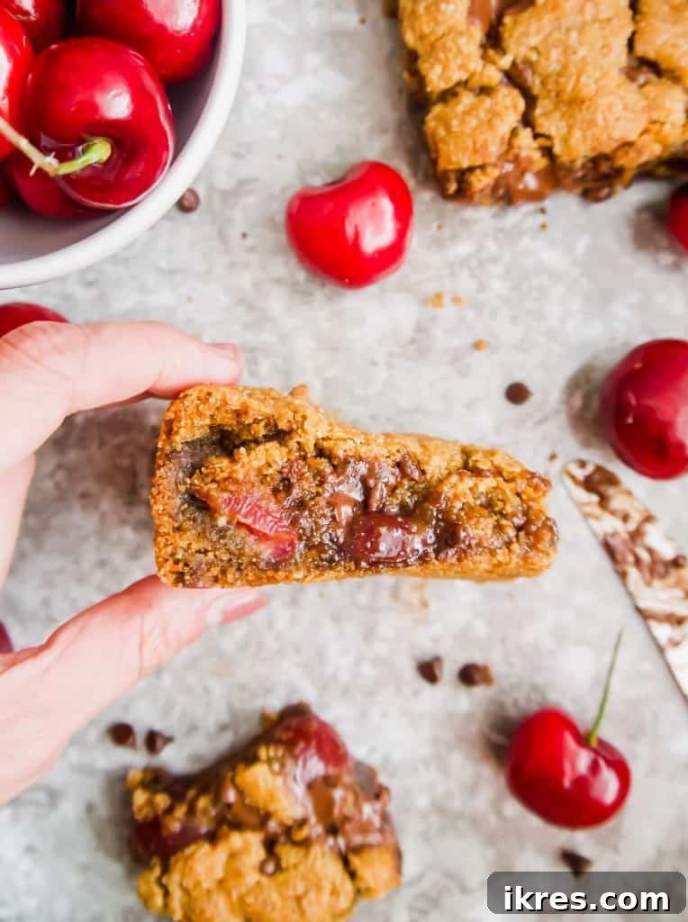 Paleo Gluten-Free Cherry Chocolate Chip Squares 7 Freshly baked Paleo Gluten-Free Chocolate Chip Cherry Cookie Bars cooling on a wire rack, showing a perfectly golden crust and gooey interior.