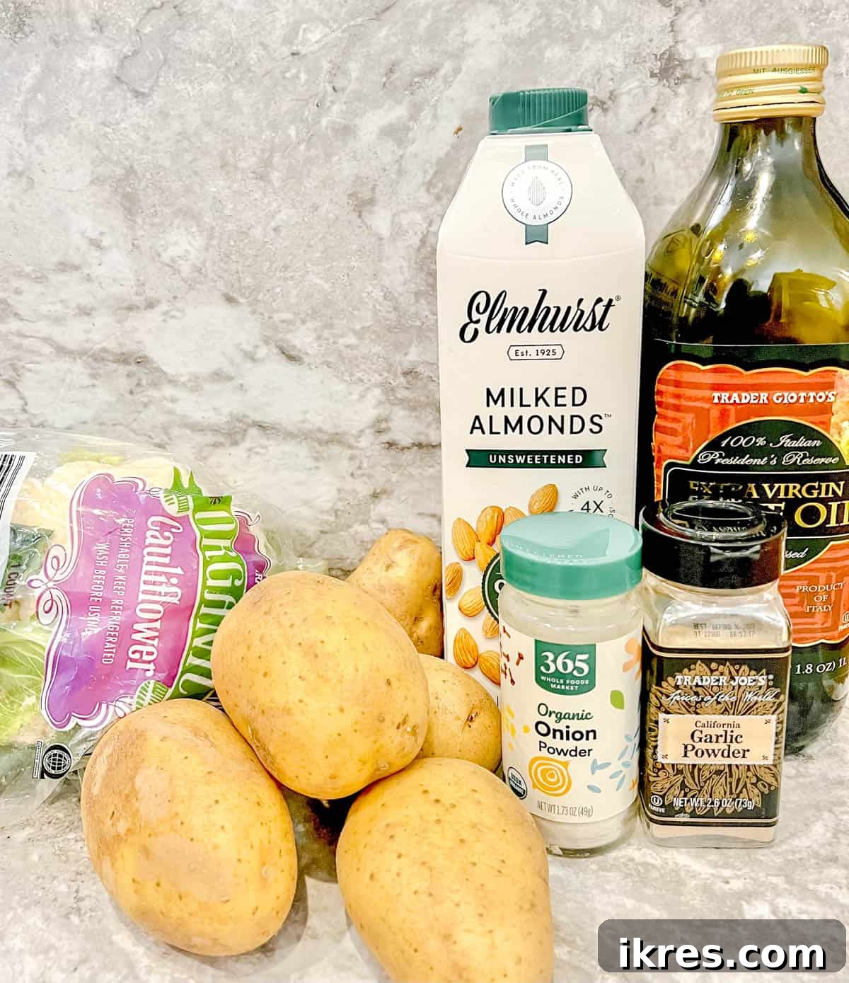 Ingredients assembled for the creamy cauliflower potato mash topping.