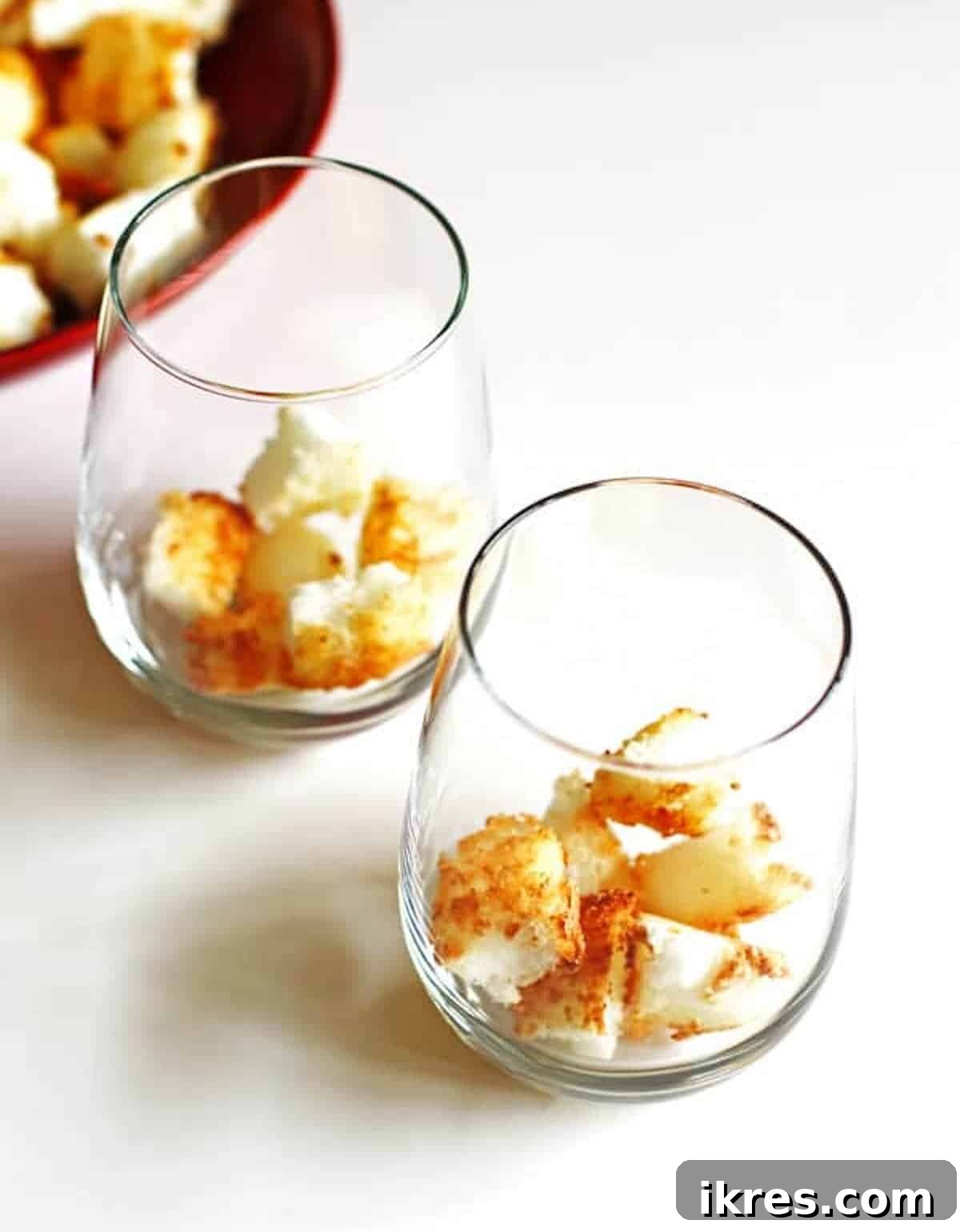 Strawberry Angel Delight 11 Toasted angel food cake cubes in a wine glasses to assemble strawberry shortcakes.