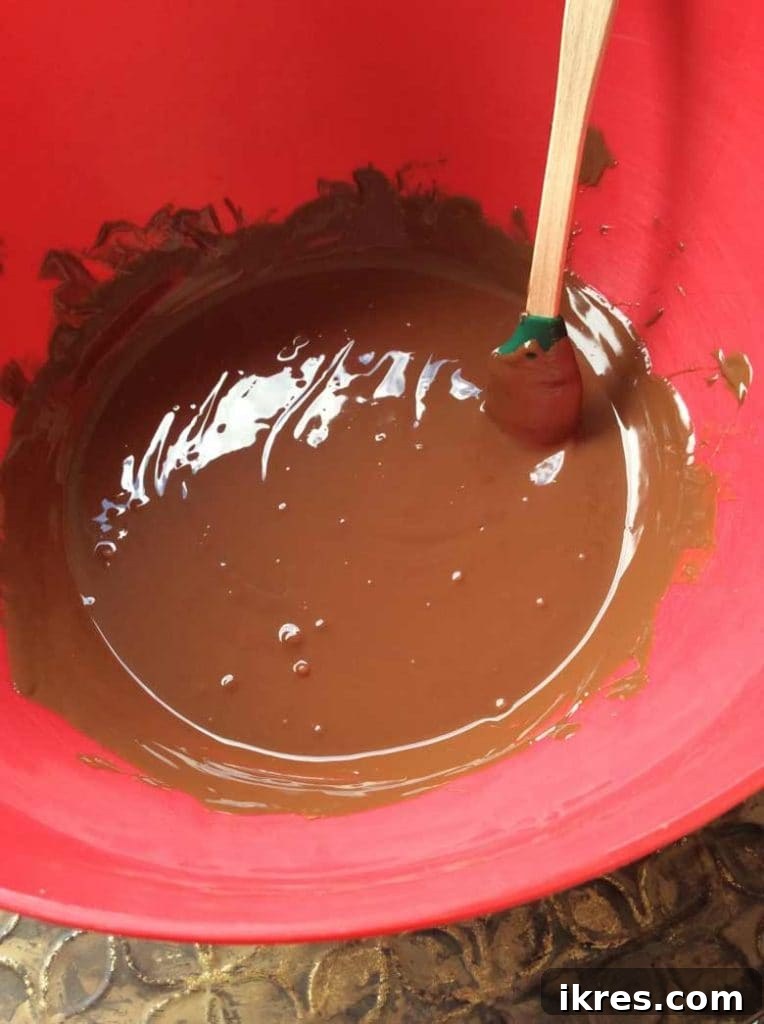 Decadent Chocolate Mousse Bites 4 A bowl filled with rich, glossy melted chocolate, perfectly cooled to room temperature and ready for the next step in preparing chocolate mousse balls.