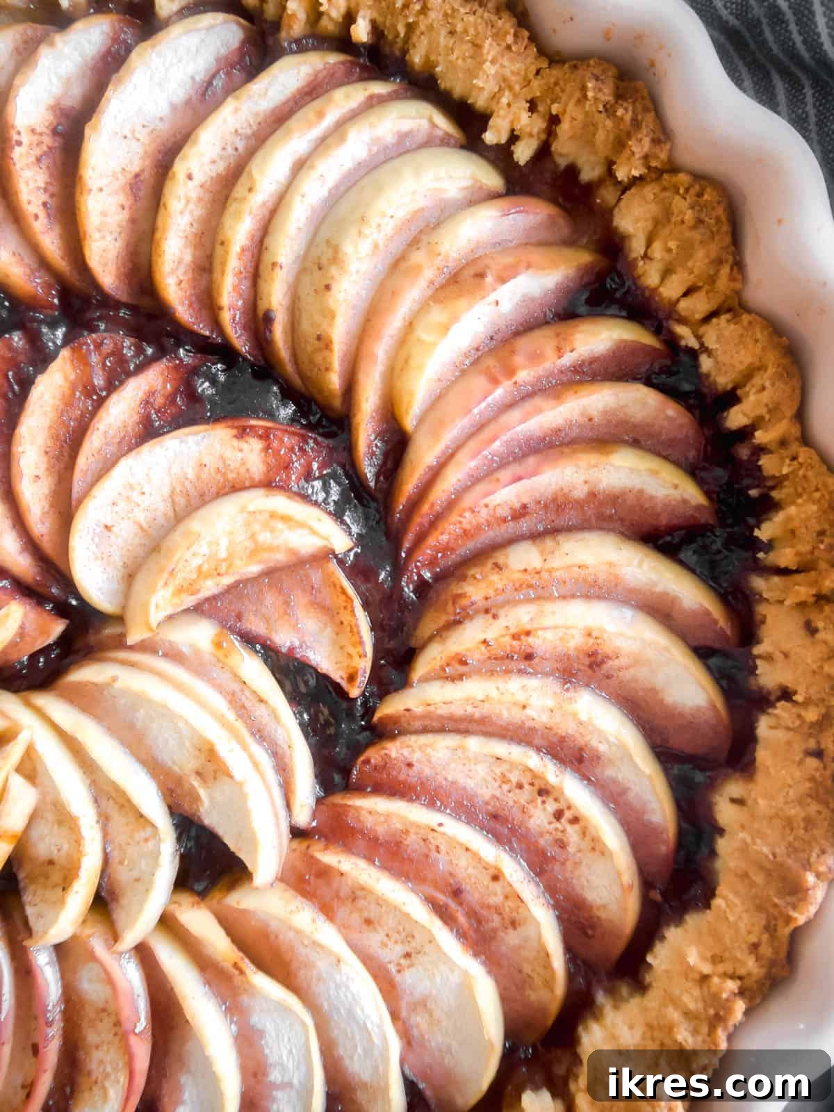 An apple tart with no butter fresh out of the oven, golden and inviting.