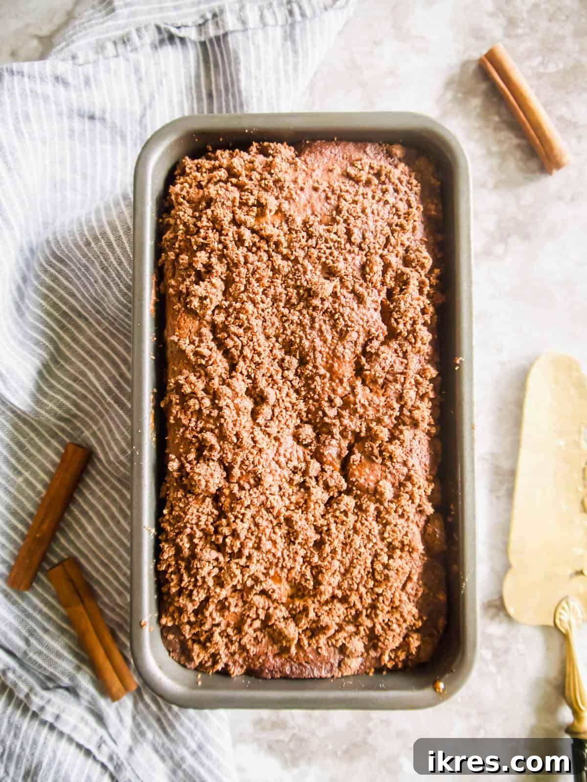 Paleo Gluten-Free Cinnamon Swirl Banana Bread Coffee Cake 8 Golden brown coffee cake banana bread after baking, with a beautiful streusel crust.