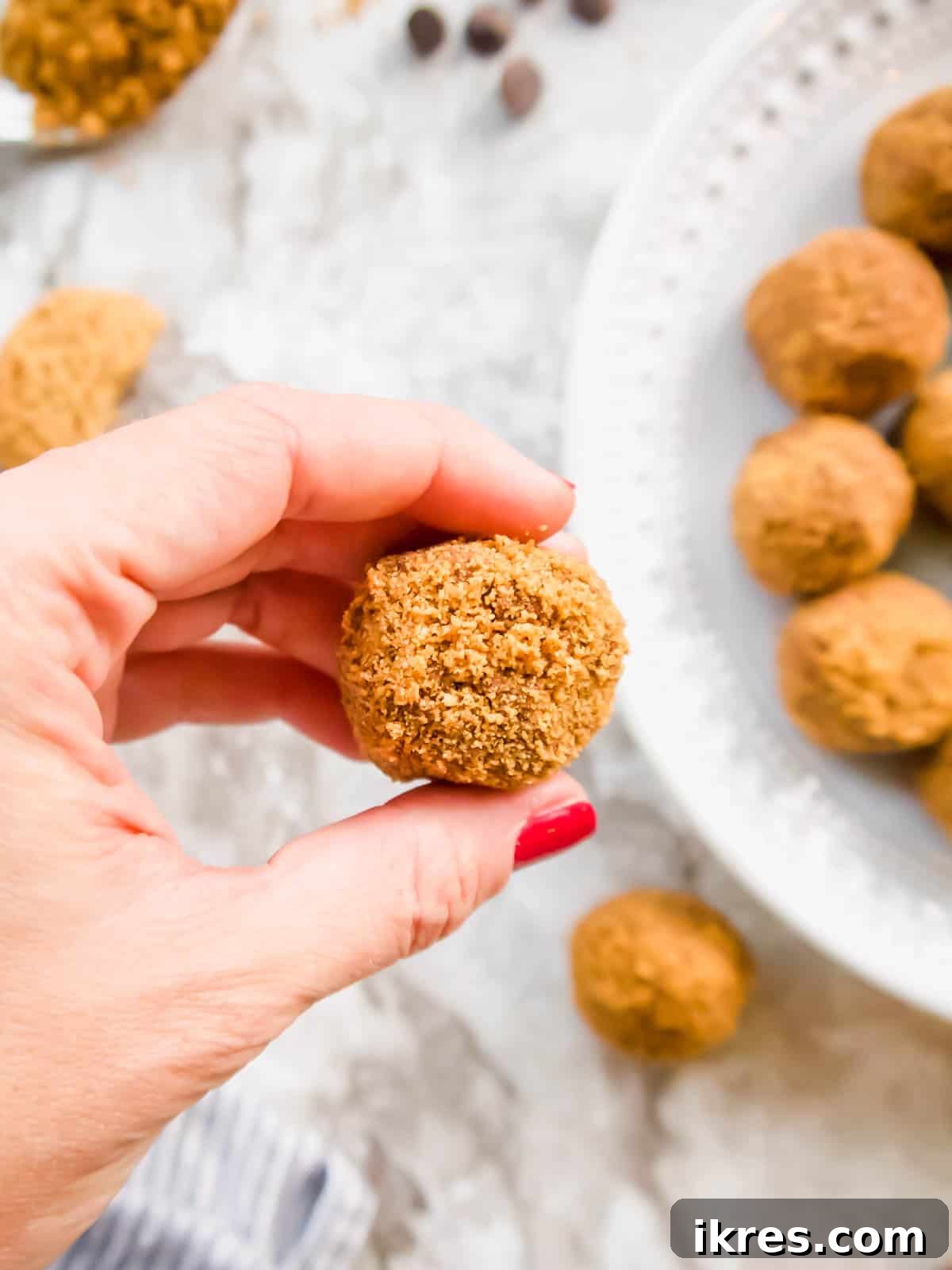 Decadent Gluten-Free Dairy-Free Chocolate Mousse Truffles 8 A chocolate mousse ball freshly rolled in crushed cookies, showcasing its textured coating.