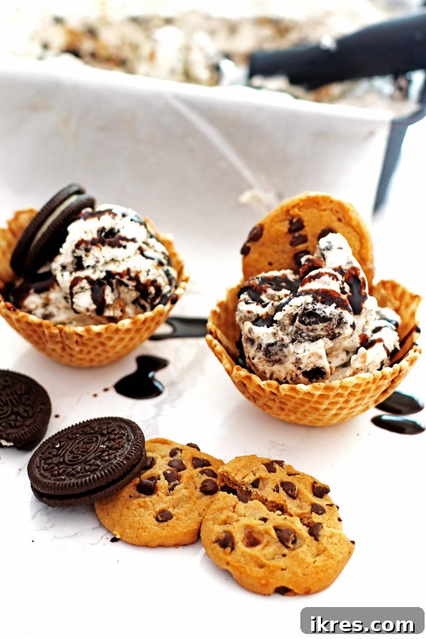 Monster Cookie Dough Dream 7 Two waffle bowls filled with blue Cookie Monster ice cream, drizzled with chocolate syrup and garnished with cookie pieces.