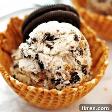A waffle bowl of no churn cookie monster ice cream.