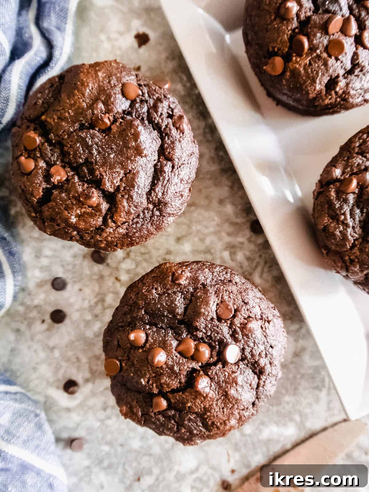 Wholesome Double Chocolate Banana Muffins Paleo Dairy Free Gluten Free 3 A collection of freshly baked chocolate paleo muffins on a rustic table setting.