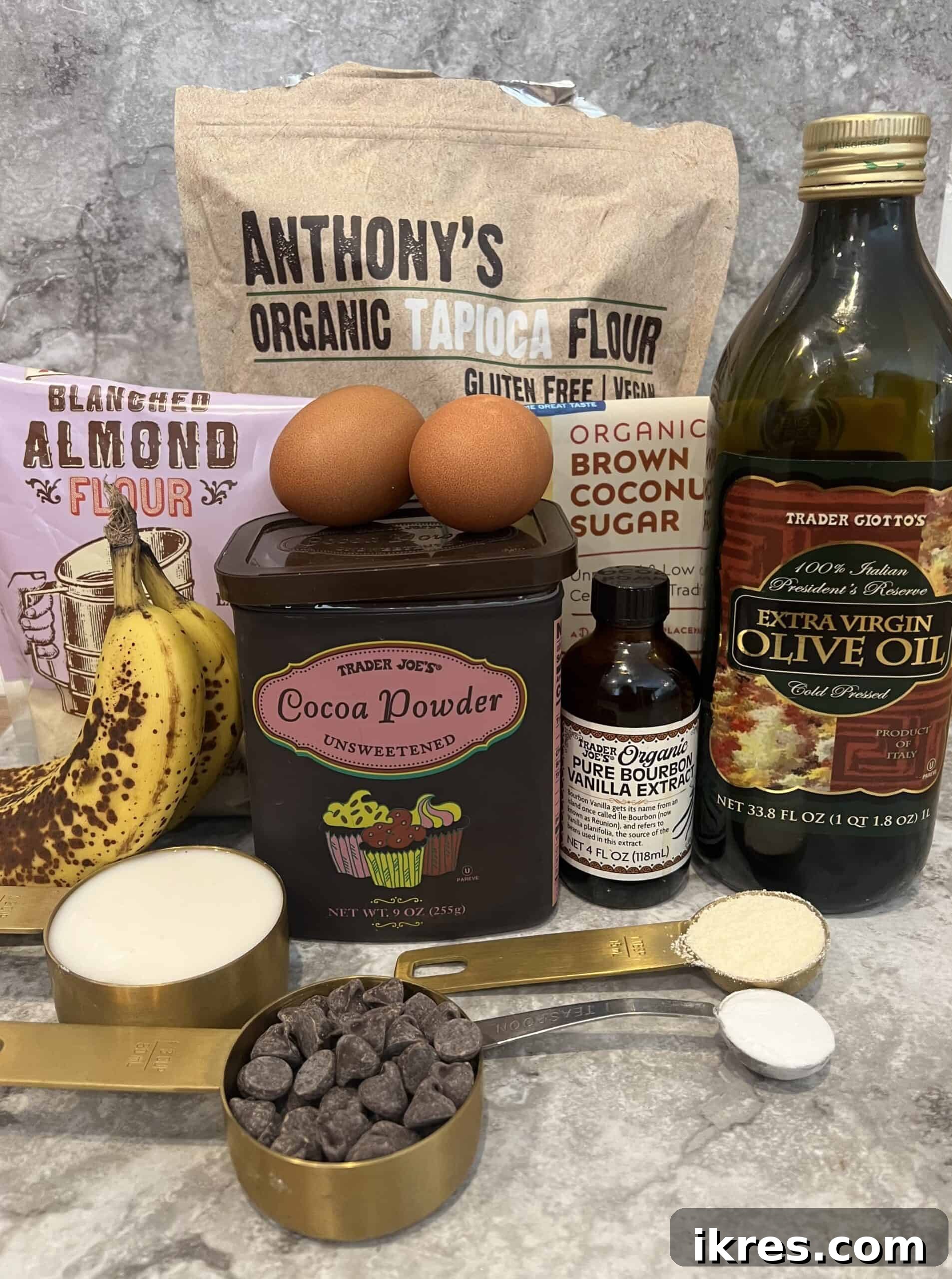 Wholesome Double Chocolate Banana Muffins Paleo Dairy Free Gluten Free 4 All the essential ingredients laid out for making healthy chocolate banana muffins.