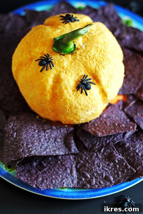 Gourd-geous Cheese Ball 4 A finished pumpkin cheese ball with a bell pepper stem, ready for serving.