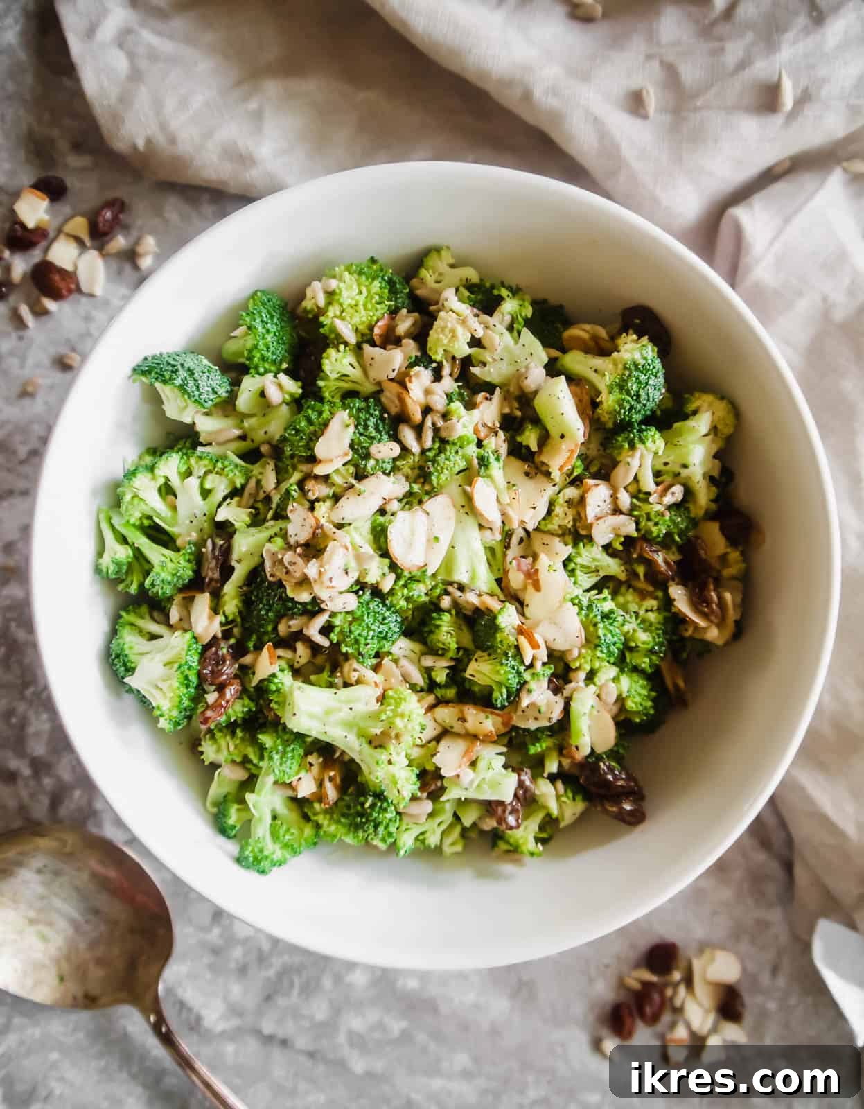 The whole dairy-free broccoli salad mixed together in a large bowl, ready to serve.