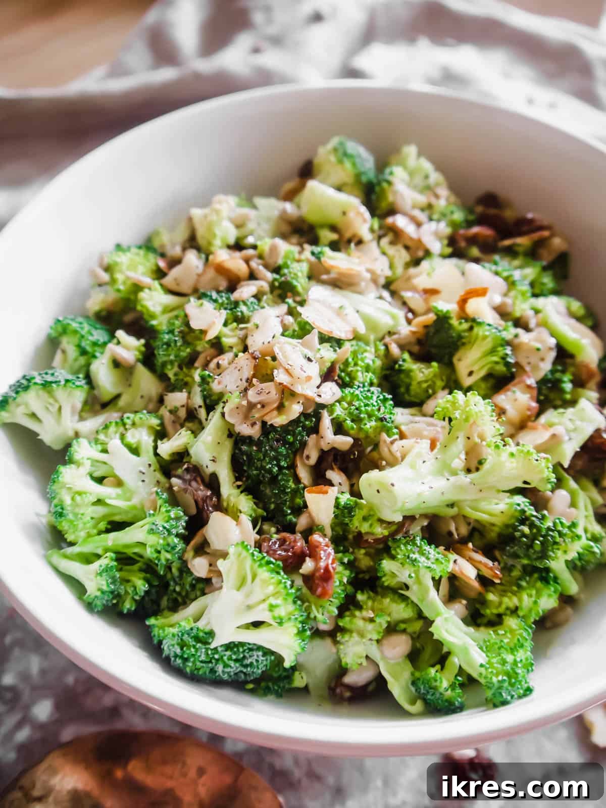 Broccoli salad without bacon in a large bowl, ready to be served or shared.