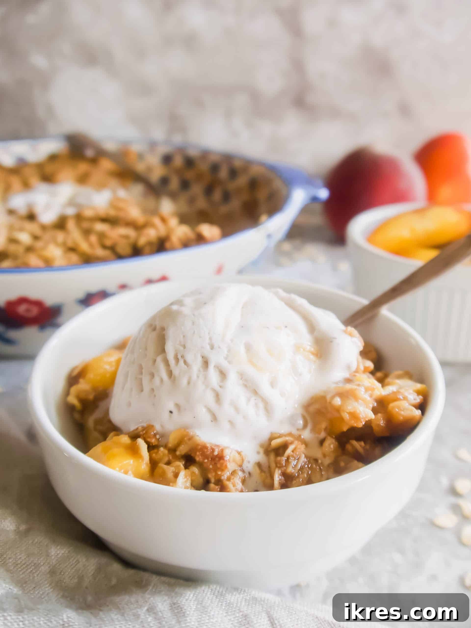 Nectarine Sunshine Crumble Gluten Free Dairy Free 4 A bowl of freshly baked stone fruit crisp, topped generously with a scoop of melting vanilla ice cream.